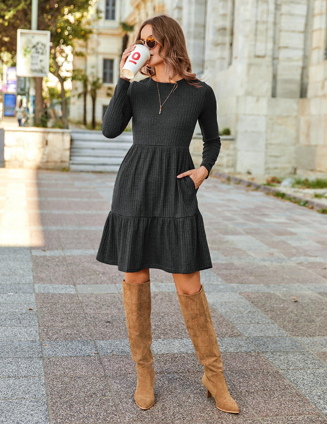 Lakelyn Vestito Donna Autunno – Maniche Lunghe, Collo Tondo & Tasche con Linea A Elegante
