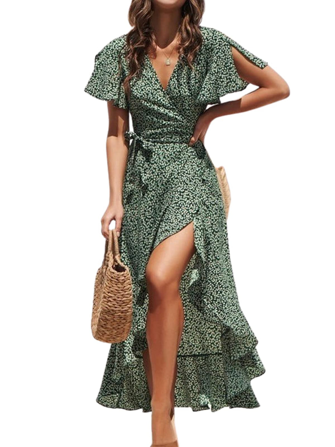 Zara Maxikleid Damen – V-Ausschnitt, Volant-Ärmel mit Cold Shoulder & Asymmetrischer Saum