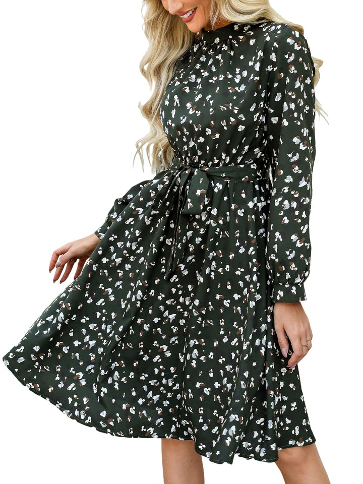 Lior Vestito Donna Leopardo – Collo Alto, Maniche Lunghe & Vita Regolabile A-Line