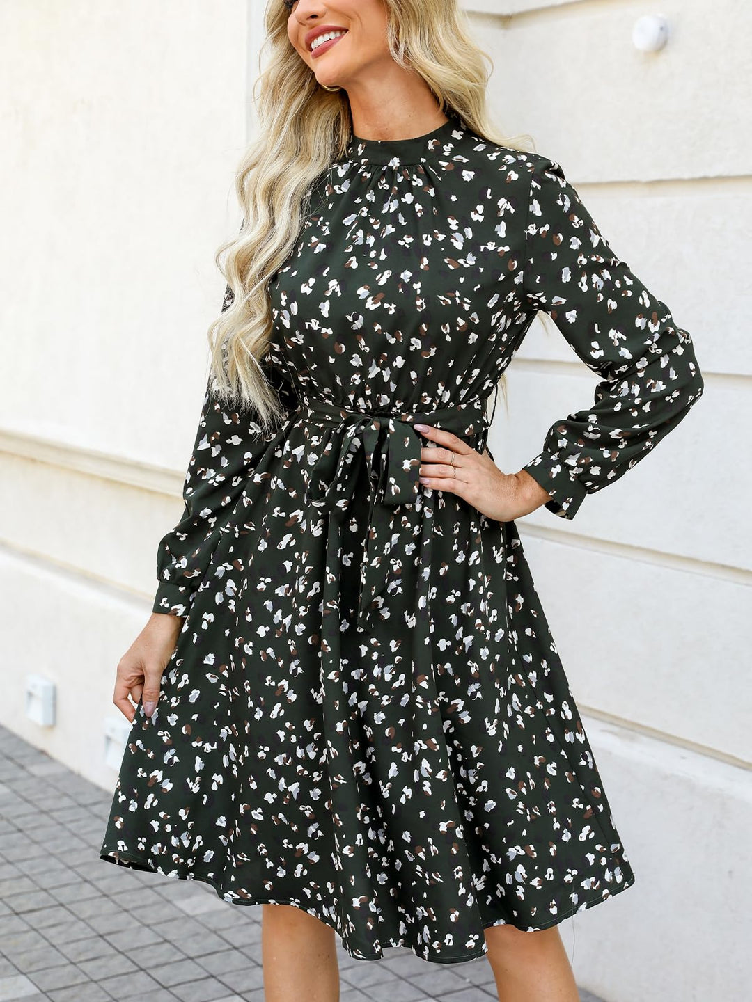 Lior Vestito Donna Leopardo – Collo Alto, Maniche Lunghe & Vita Regolabile A-Line
