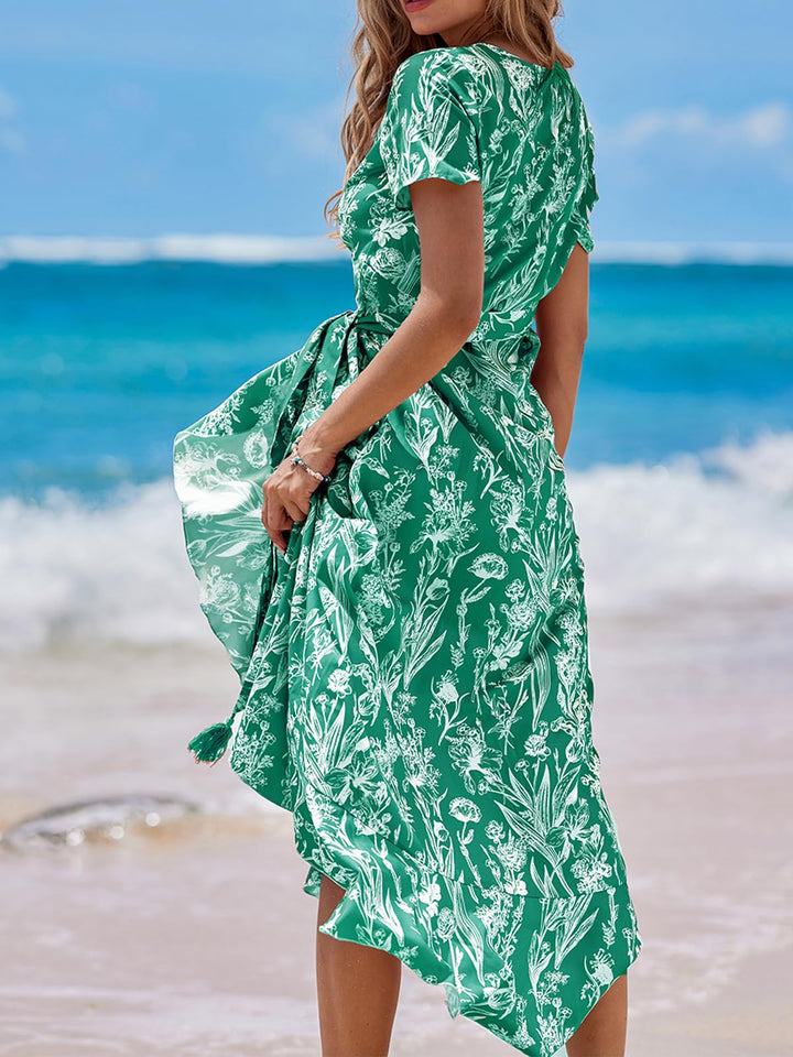 Zara Maxikleid Damen – V-Ausschnitt, Volant-Ärmel mit Cold Shoulder & Asymmetrischer Saum