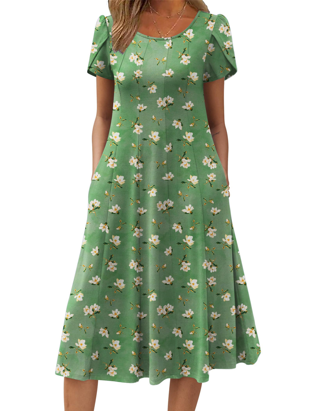 Belle robe midi femme – col rond, manches bouffantes et poches, ligne A élégante