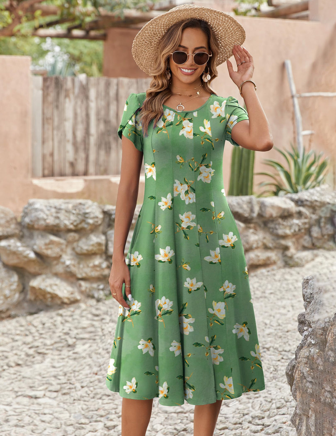 Belle robe midi femme – col rond, manches bouffantes et poches, ligne A élégante