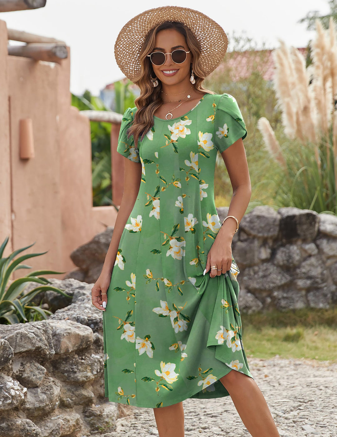 Belle robe midi femme – col rond, manches bouffantes et poches, ligne A élégante