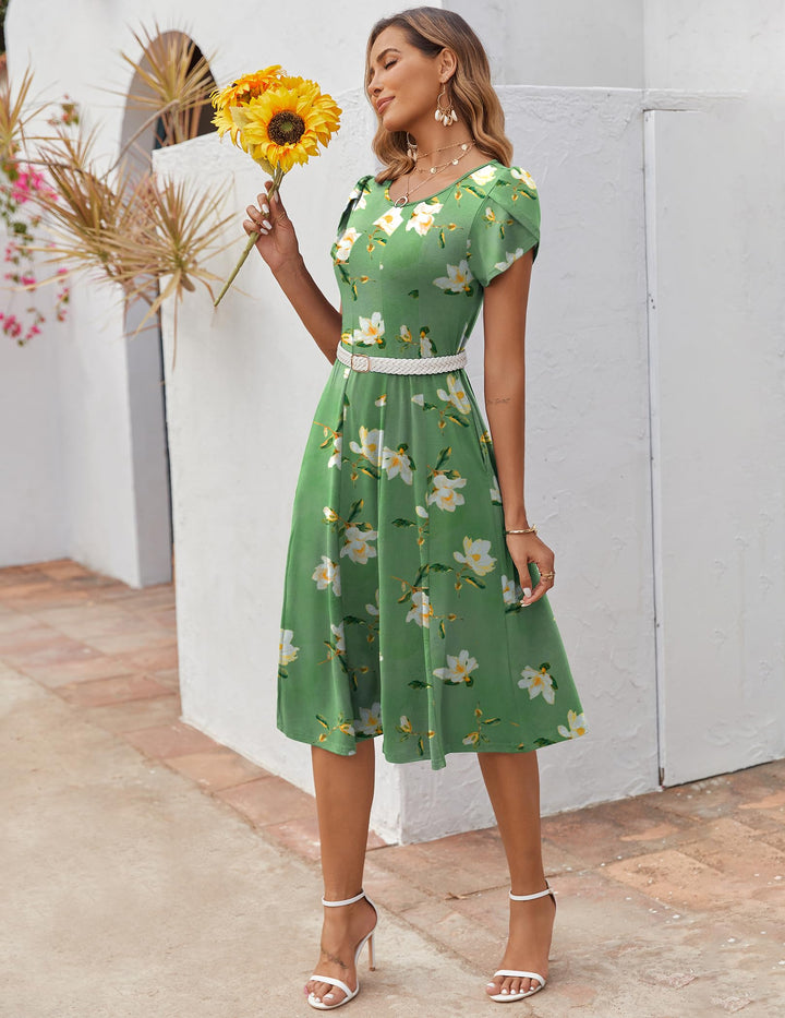 Belle robe midi femme – col rond, manches bouffantes et poches, ligne A élégante