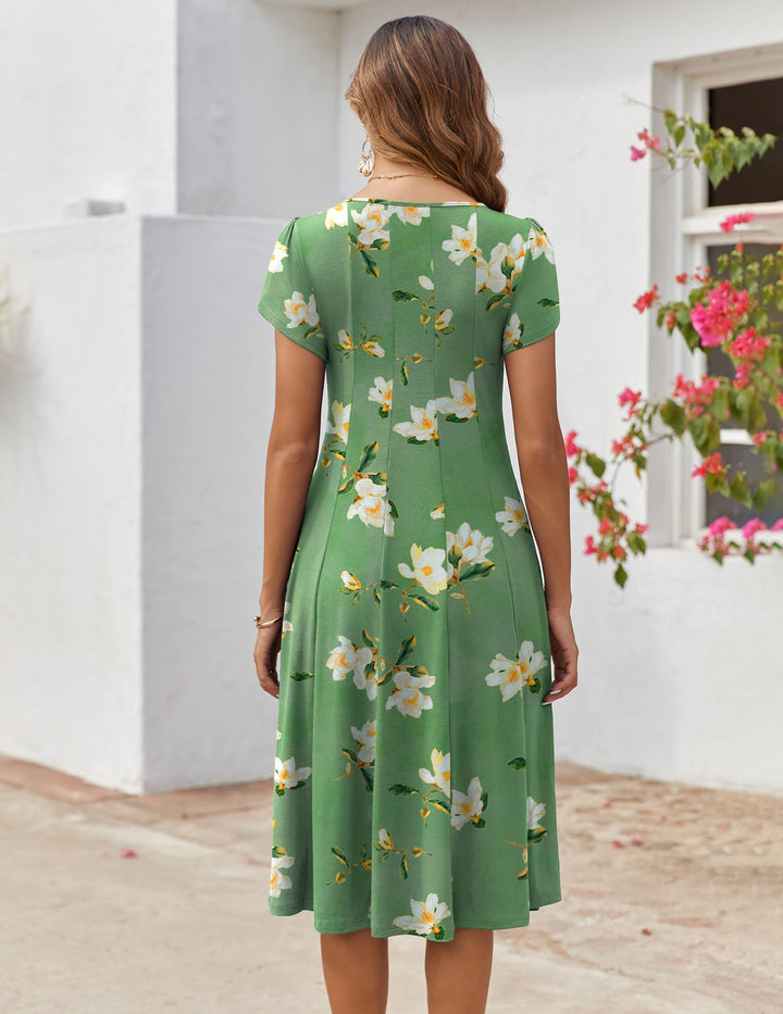 Belle robe midi femme – col rond, manches bouffantes et poches, ligne A élégante