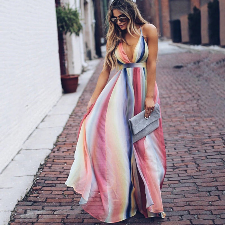 Yasmine | Rochie maxi cu dungi curcubeu și decolteu în V pentru femei