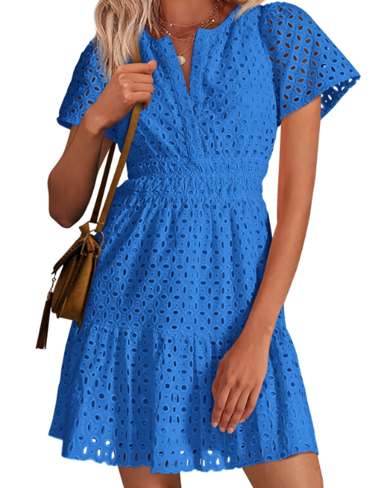 Herra Robe Courte Femme – Dentelle Sangallo, Décolleté en V & Robe Trapèze avec Volants