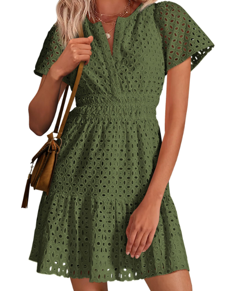 Herra Robe Courte Femme – Dentelle Sangallo, Décolleté en V & Robe Trapèze avec Volants