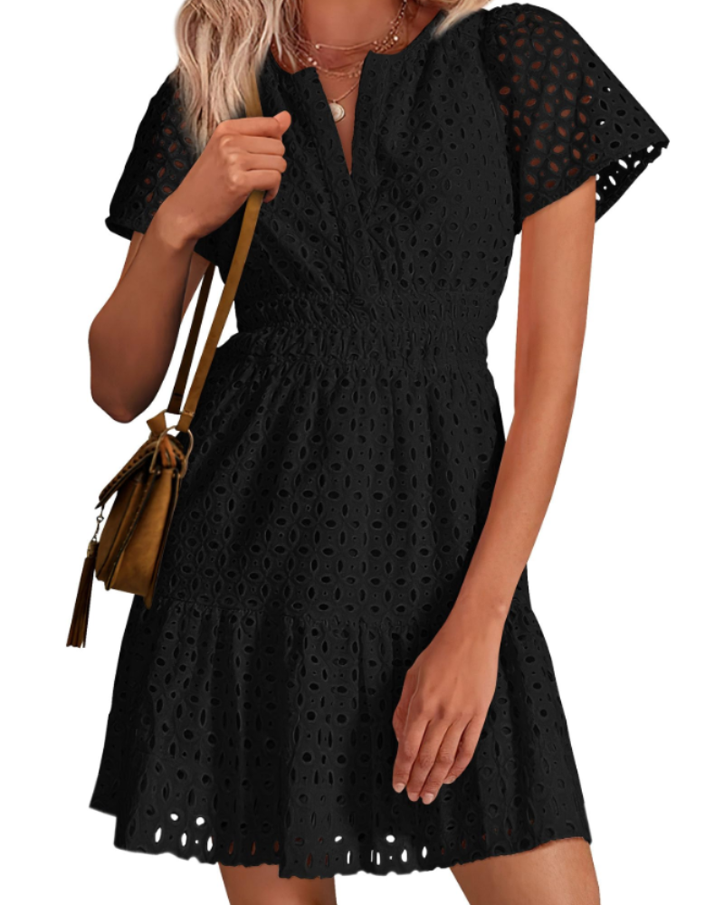 Herra Robe Courte Femme – Dentelle Sangallo, Décolleté en V & Robe Trapèze avec Volants