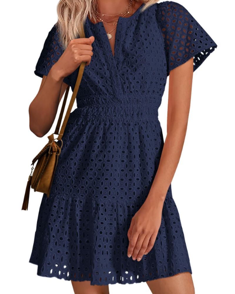 Herra Robe Courte Femme – Dentelle Sangallo, Décolleté en V & Robe Trapèze avec Volants