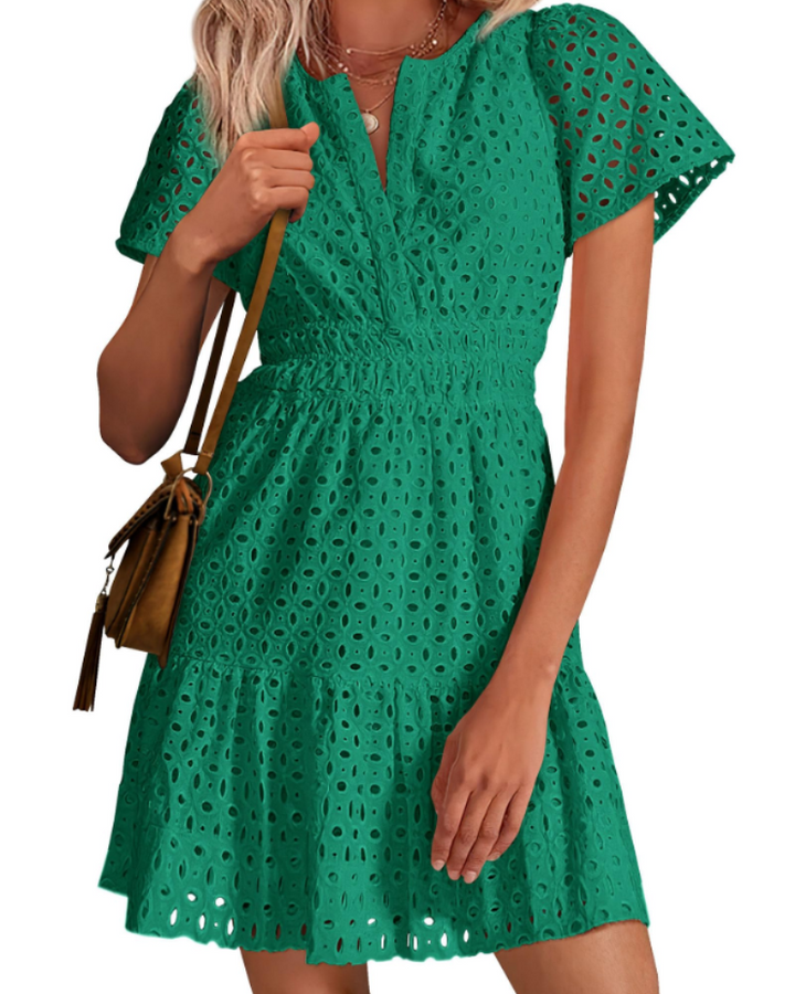 Herra Robe Courte Femme – Dentelle Sangallo, Décolleté en V & Robe Trapèze avec Volants