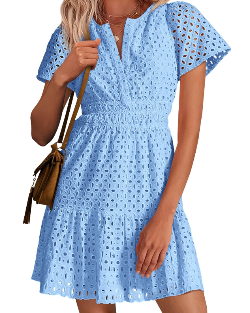 Herra Robe Courte Femme – Dentelle Sangallo, Décolleté en V & Robe Trapèze avec Volants