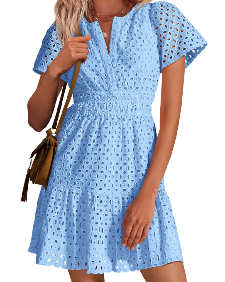 Herra Robe Courte Femme – Dentelle Sangallo, Décolleté en V & Robe Trapèze avec Volants