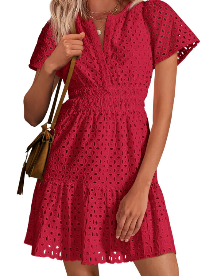 Herra Robe Courte Femme – Dentelle Sangallo, Décolleté en V & Robe Trapèze avec Volants