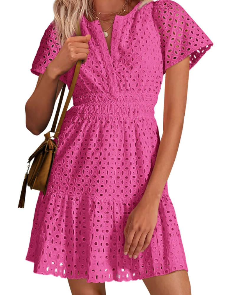 Herra Robe Courte Femme – Dentelle Sangallo, Décolleté en V & Robe Trapèze avec Volants