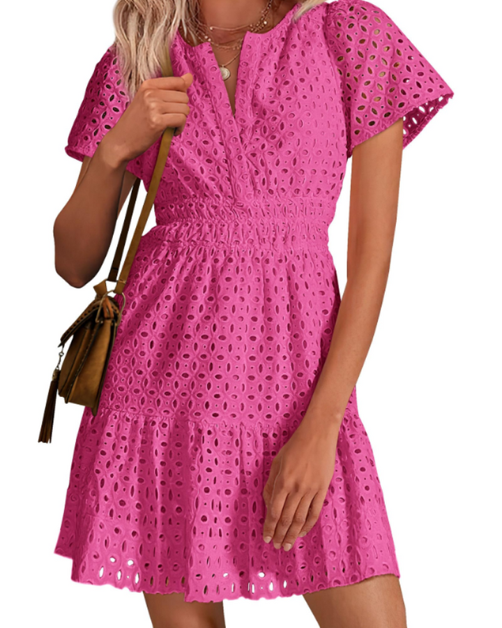 Herra Robe Courte Femme – Dentelle Sangallo, Décolleté en V & Robe Trapèze avec Volants