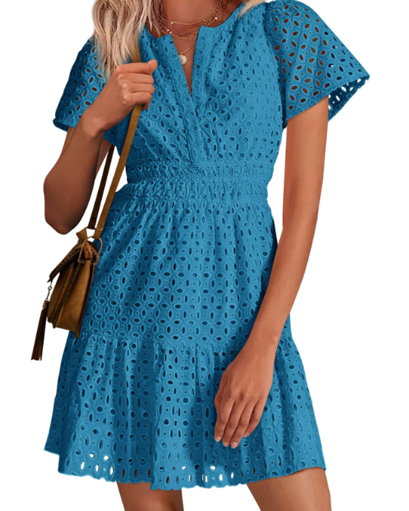 Herra Robe Courte Femme – Dentelle Sangallo, Décolleté en V & Robe Trapèze avec Volants