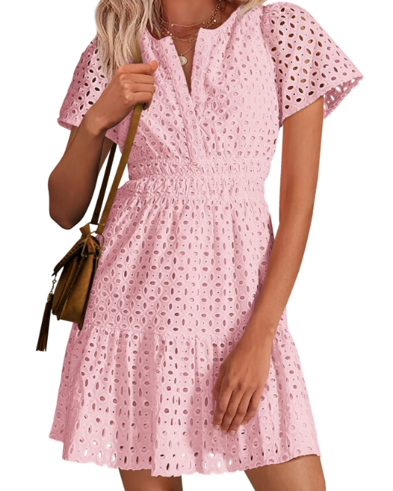 Herra Robe Courte Femme – Dentelle Sangallo, Décolleté en V & Robe Trapèze avec Volants