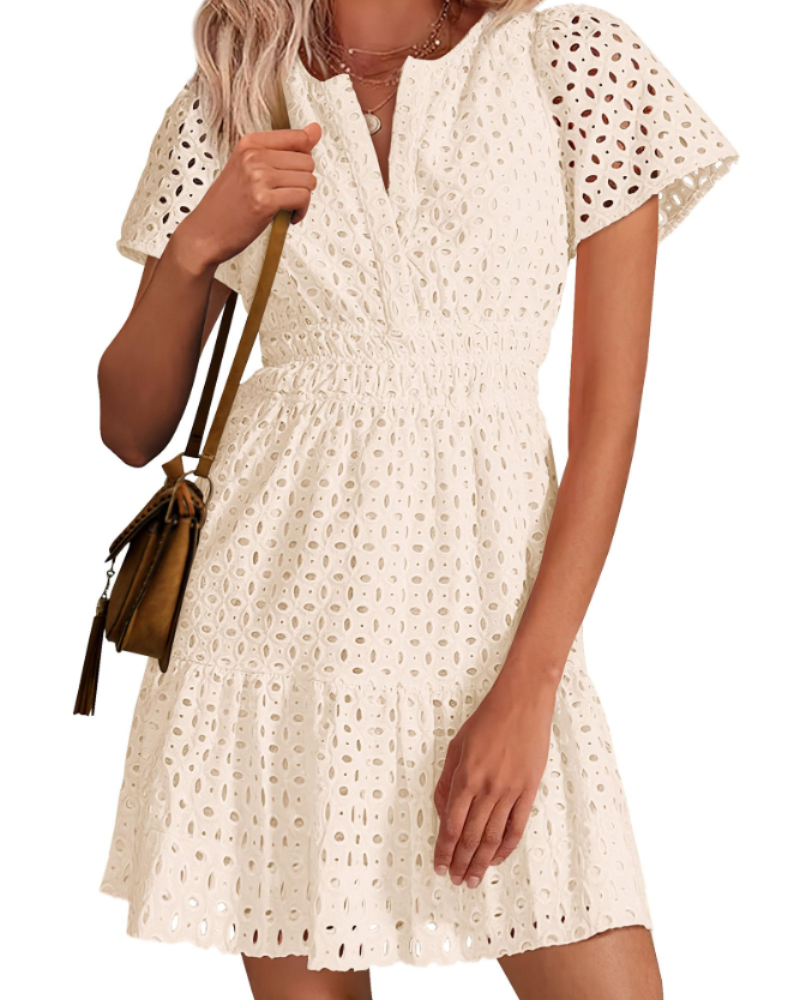 Herra Robe Courte Femme – Dentelle Sangallo, Décolleté en V & Robe Trapèze avec Volants