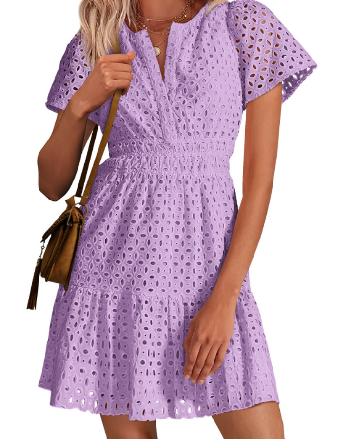 Herra Robe Courte Femme – Dentelle Sangallo, Décolleté en V & Robe Trapèze avec Volants