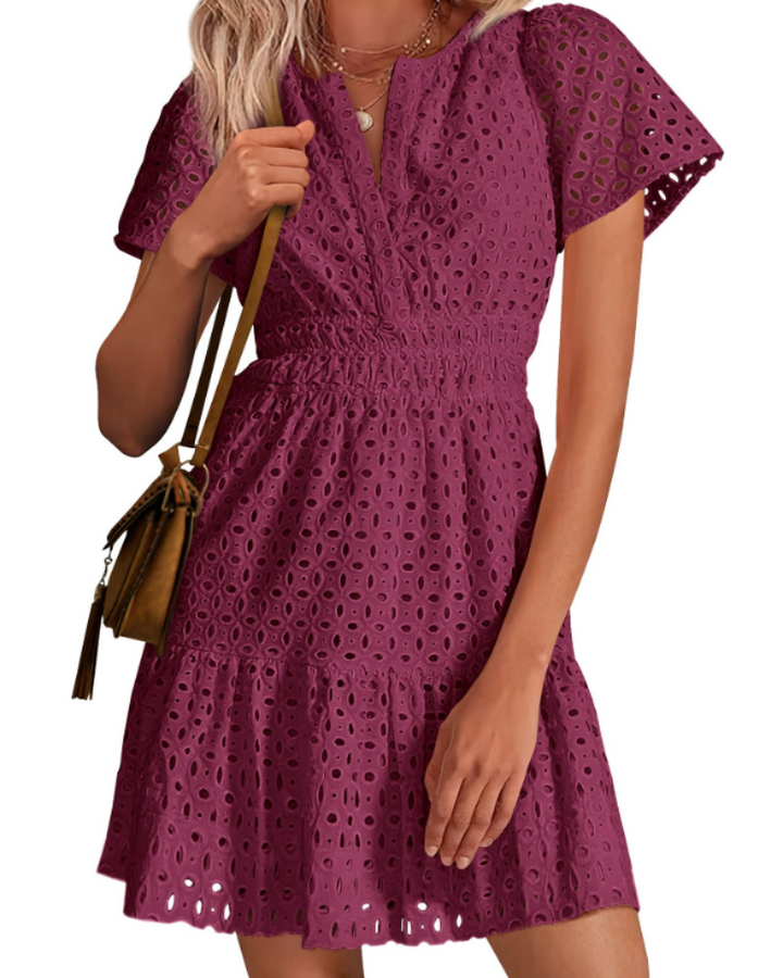Herra Robe Courte Femme – Dentelle Sangallo, Décolleté en V & Robe Trapèze avec Volants