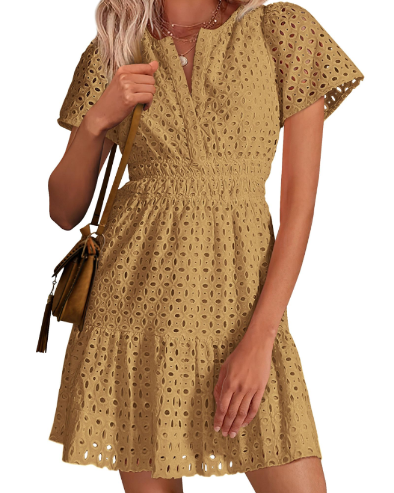 Herra Robe Courte Femme – Dentelle Sangallo, Décolleté en V & Robe Trapèze avec Volants