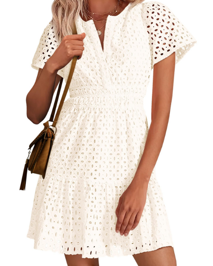 Herra Robe Courte Femme – Dentelle Sangallo, Décolleté en V & Robe Trapèze avec Volants