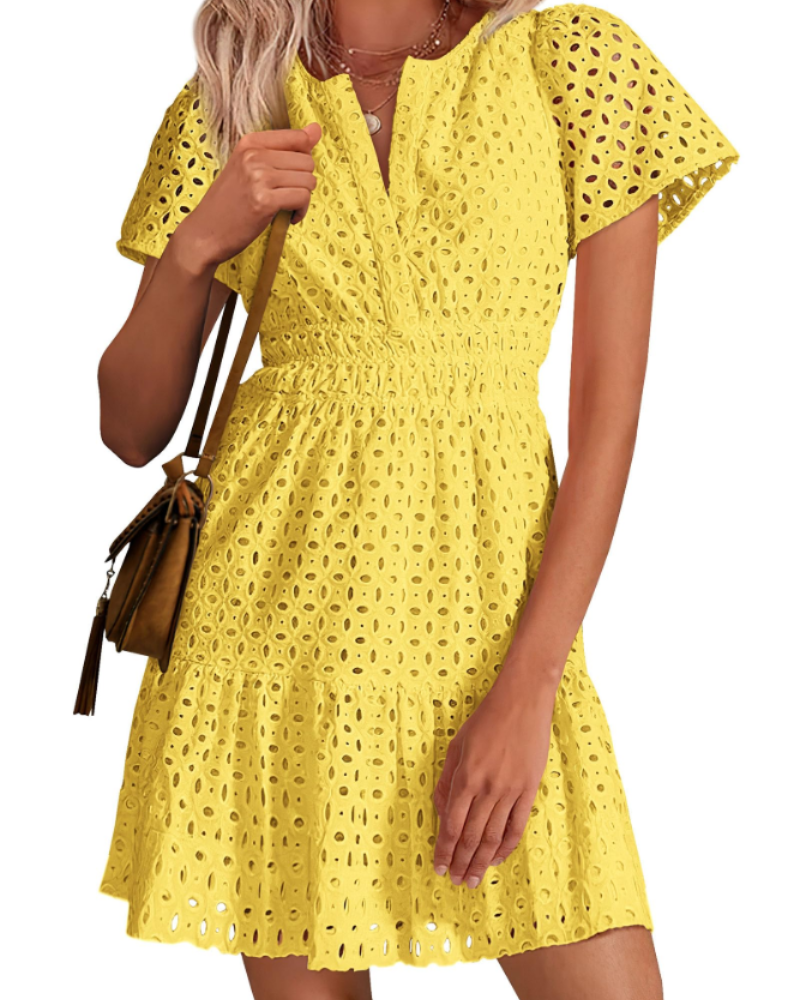 Herra Robe Courte Femme – Dentelle Sangallo, Décolleté en V & Robe Trapèze avec Volants