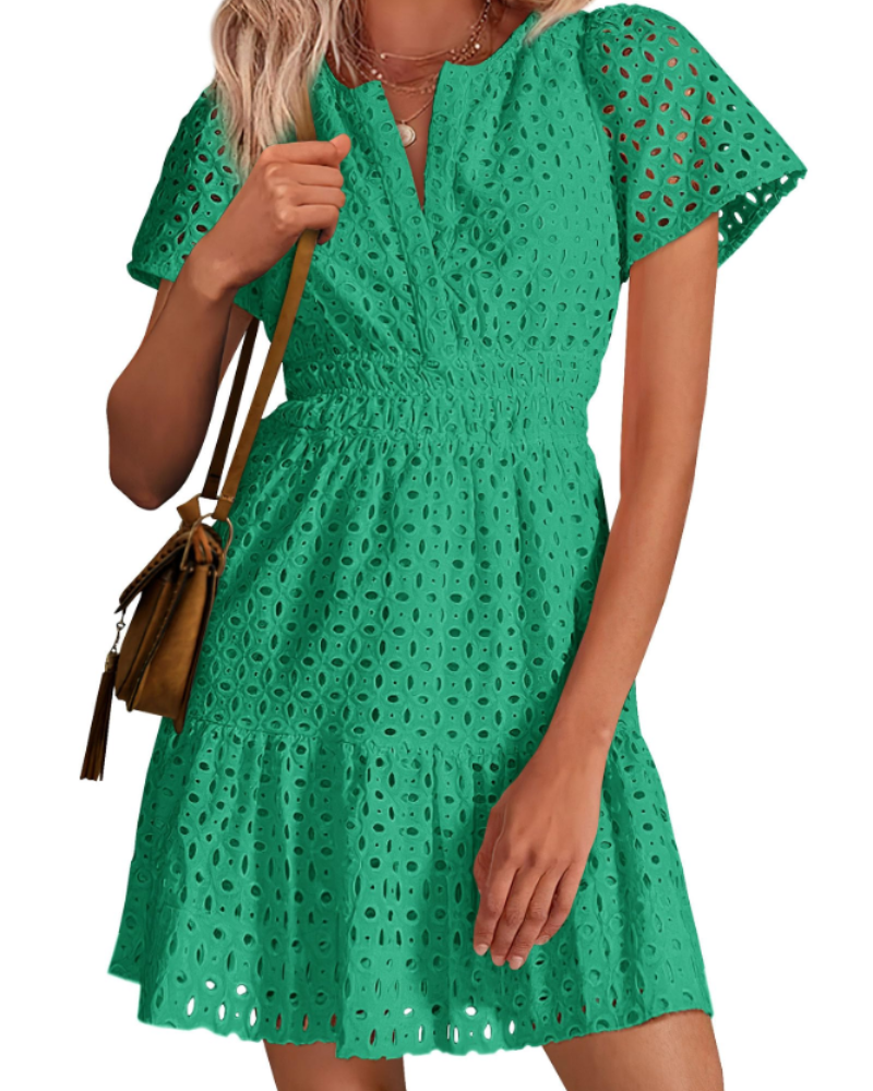 Herra Robe Courte Femme – Dentelle Sangallo, Décolleté en V & Robe Trapèze avec Volants