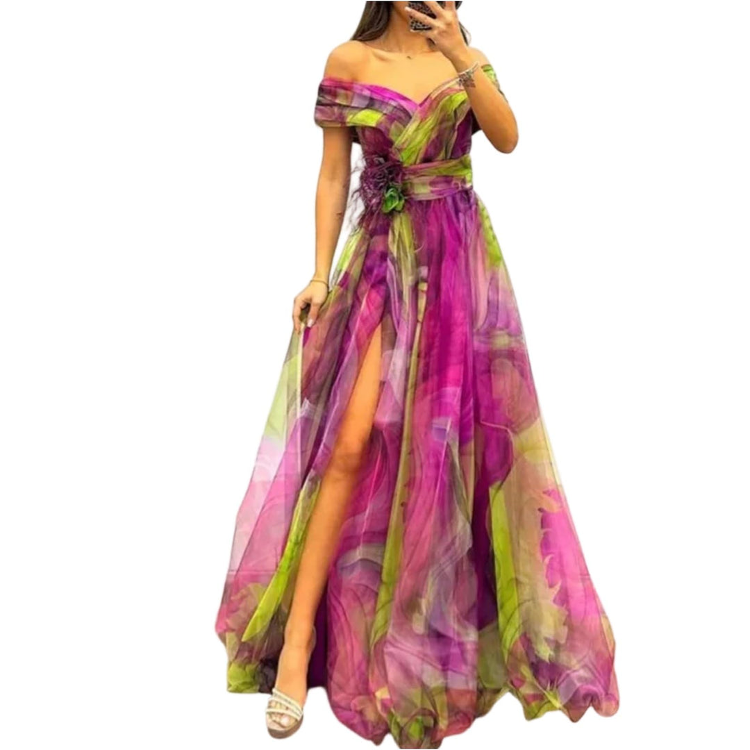 Evania Abito Elegante Donna – Spalle Scoperte, Tulle A-Line & Spacco Maxi da Sera