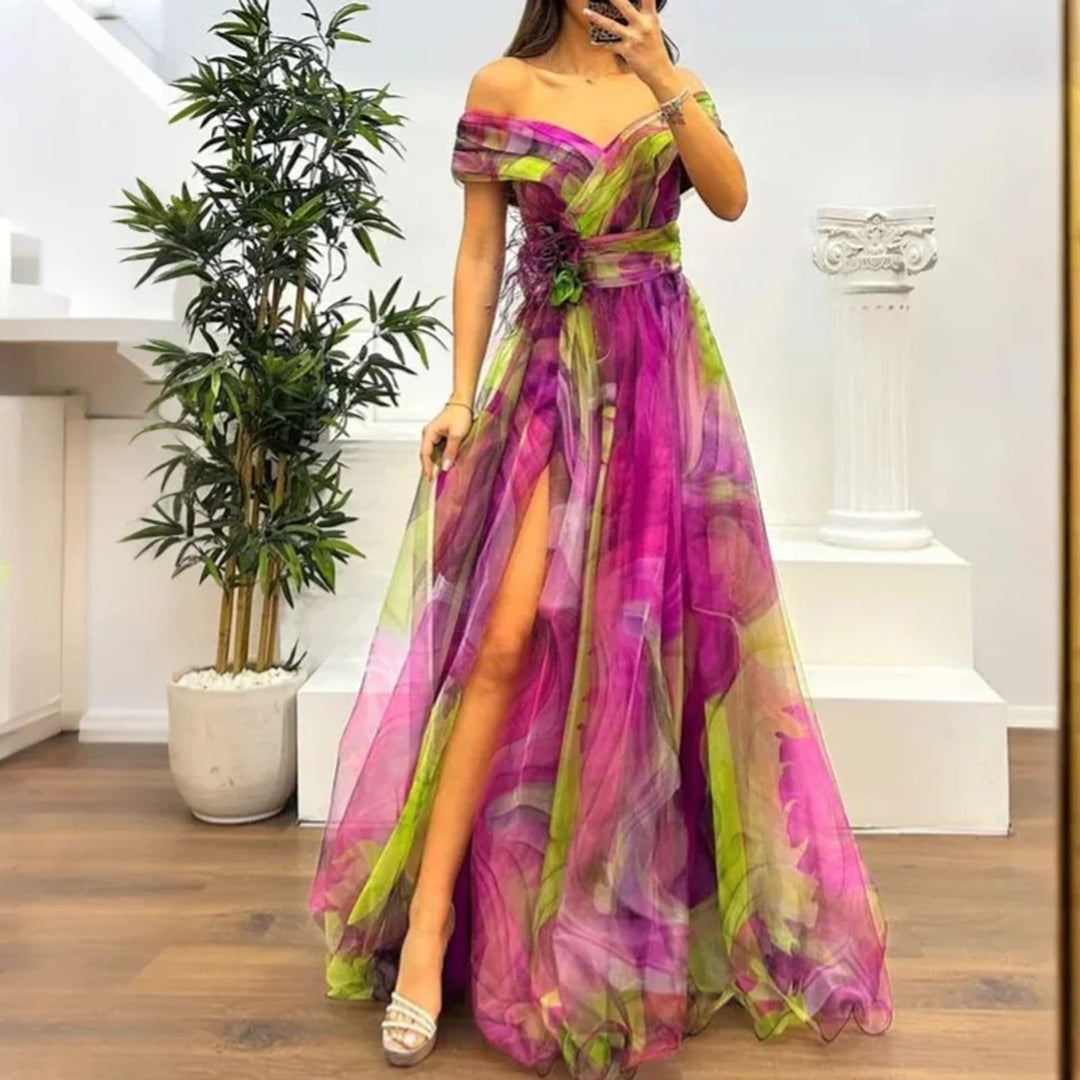 Evania Abito Elegante Donna – Spalle Scoperte, Tulle A-Line & Spacco Maxi da Sera