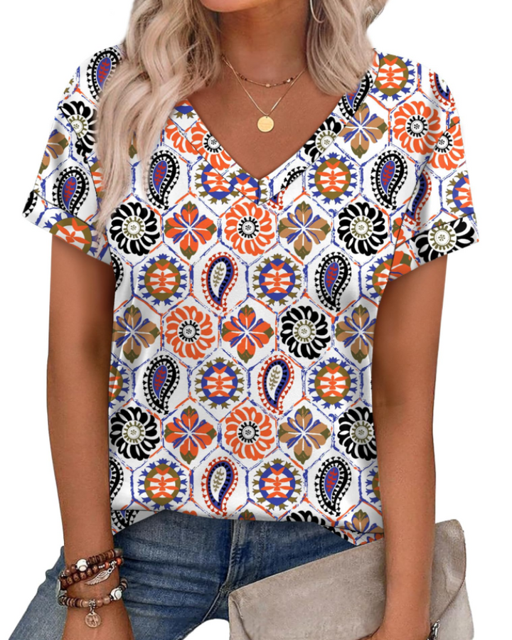 T-shirt Isela Femme – Col en V, Manches Relevées & Top Décontracté Coupe Ample