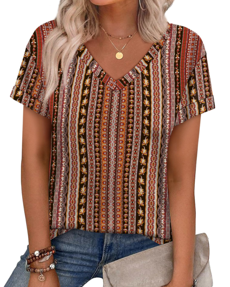T-shirt Isela Femme – Col en V, Manches Relevées & Top Décontracté Coupe Ample