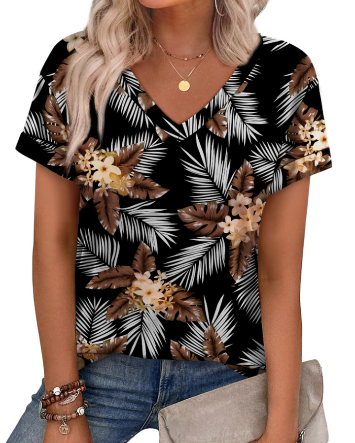 T-shirt Isela Femme – Col en V, Manches Relevées & Top Décontracté Coupe Ample