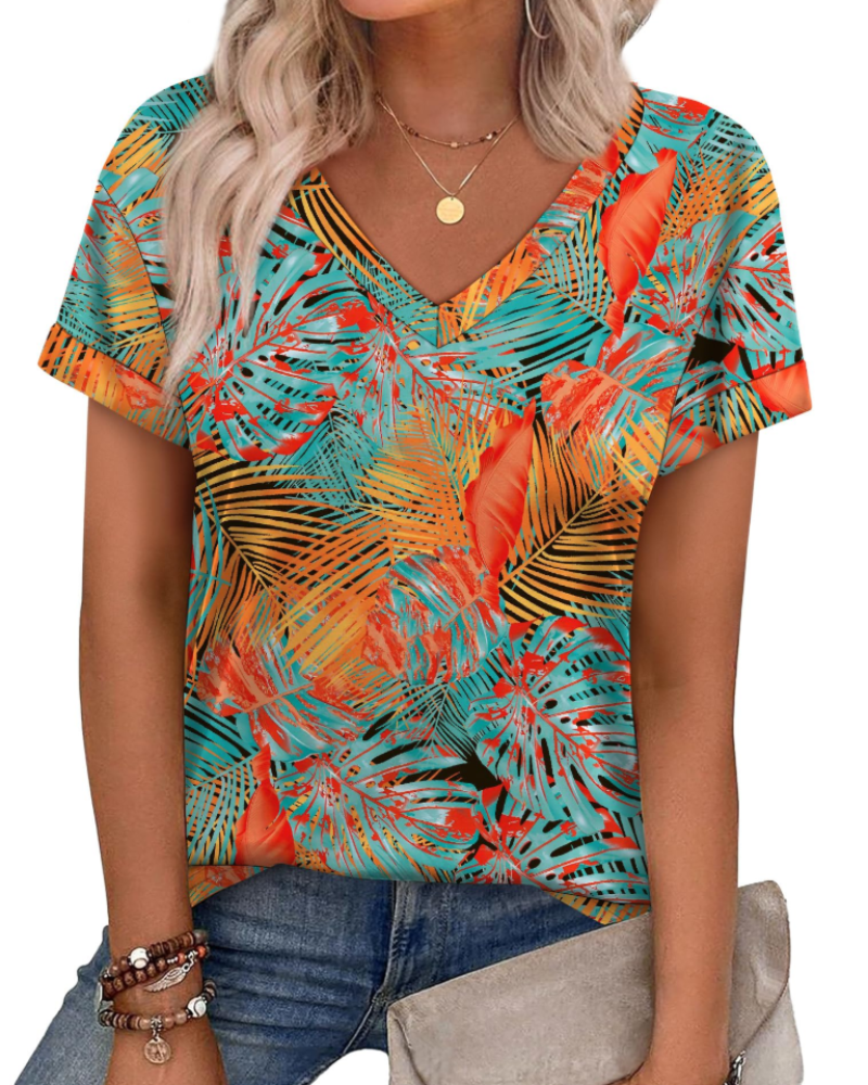 T-shirt Isela Femme – Col en V, Manches Relevées & Top Décontracté Coupe Ample