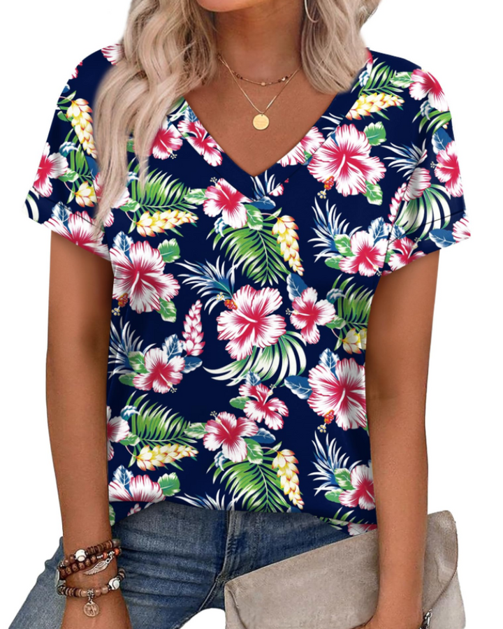 T-shirt Isela Femme – Col en V, Manches Relevées & Top Décontracté Coupe Ample