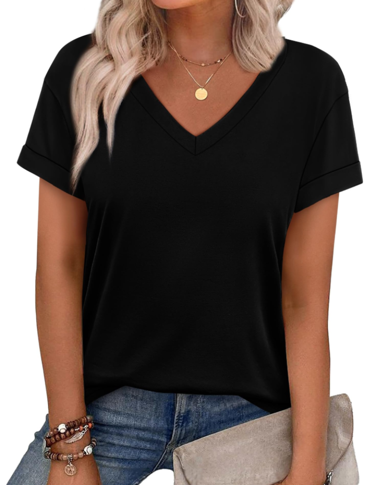 T-shirt Isela Femme – Col en V, Manches Relevées & Top Décontracté Coupe Ample