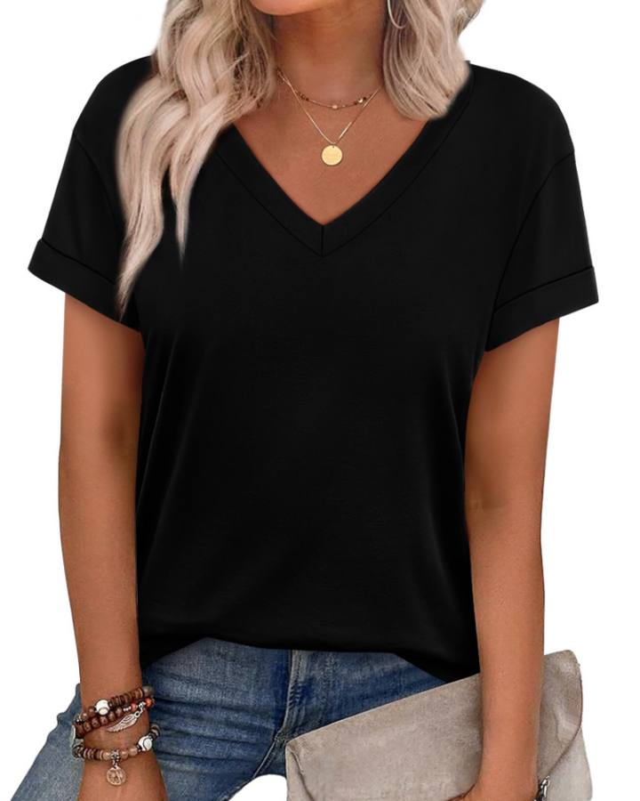 T-shirt Isela Femme – Col en V, Manches Relevées & Top Décontracté Coupe Ample