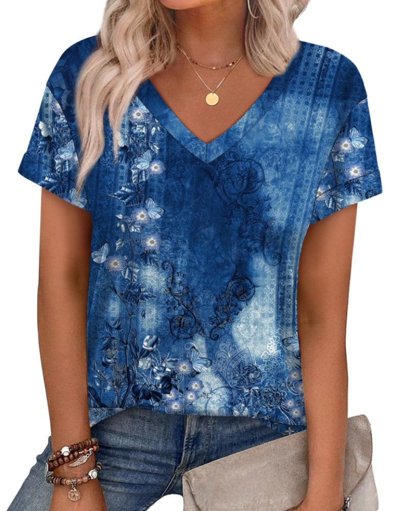 T-shirt Isela Femme – Col en V, Manches Relevées & Top Décontracté Coupe Ample