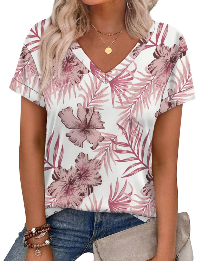 T-shirt Isela Femme – Col en V, Manches Relevées & Top Décontracté Coupe Ample