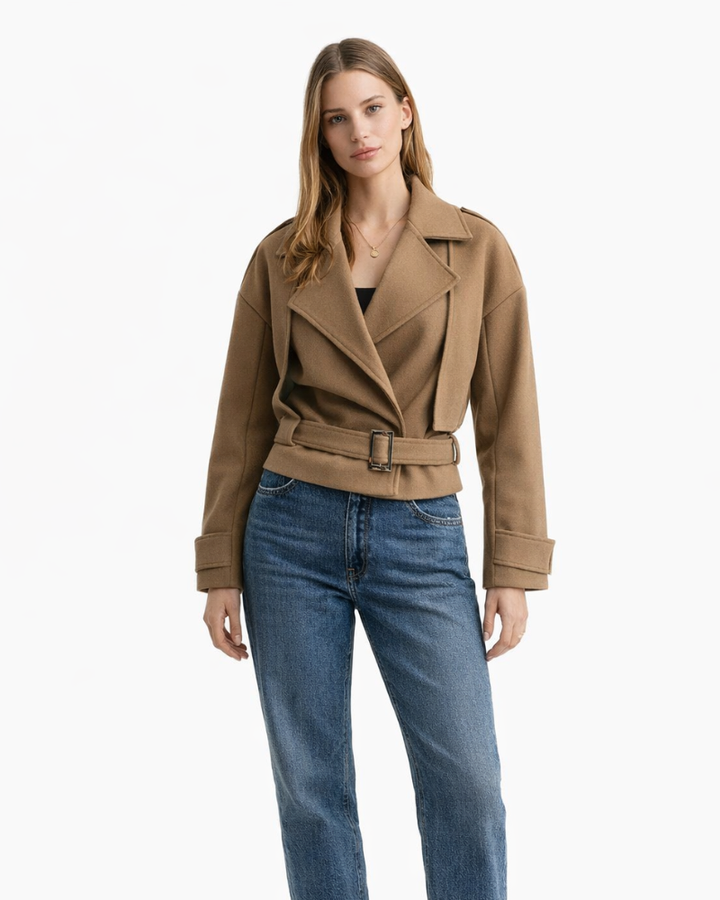 Selene Giacca Donna Corta con Cintura – Giacca Elegante con Revers Ampio Stile Urbano