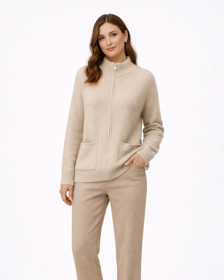 Elssa Dámský kardigan z merino vlny – svetr se zipem a vysokým límcem, elegantní kardigan