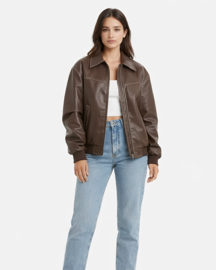 Chola Bomber pentru femei oversize din piele – Geacă retro cu fermoar, stil urban
