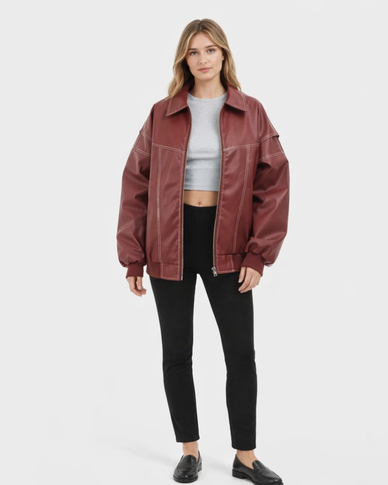 Chola Bomber pentru femei oversize din piele – Geacă retro cu fermoar, stil urban