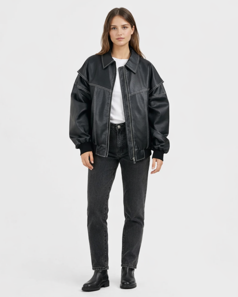 Chola Bomber pentru femei oversize din piele – Geacă retro cu fermoar, stil urban