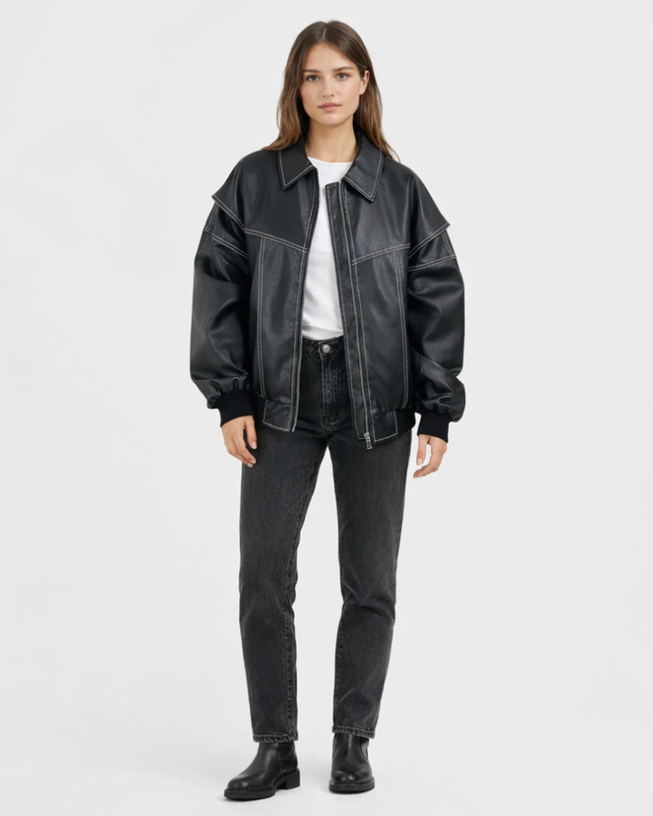 Chola Bomber pentru femei oversize din piele – Geacă retro cu fermoar, stil urban