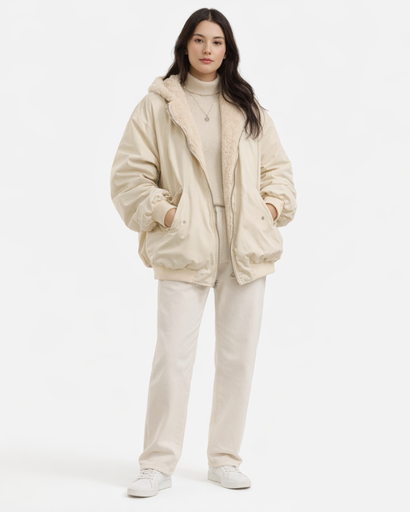 Jheyd Bomber Donna Oversize – Geacă de iarnă matlasată cu guler detașabil din blană ecologică
