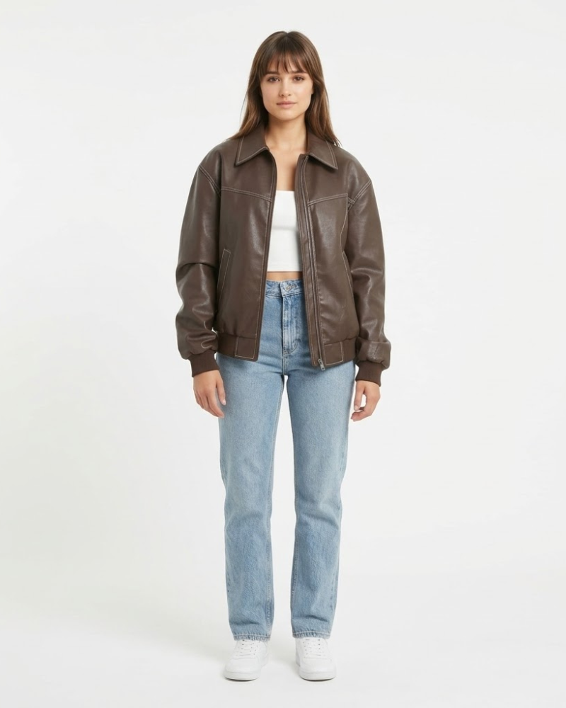 Chola Bomber pentru femei oversize din piele – Geacă retro cu fermoar, stil urban