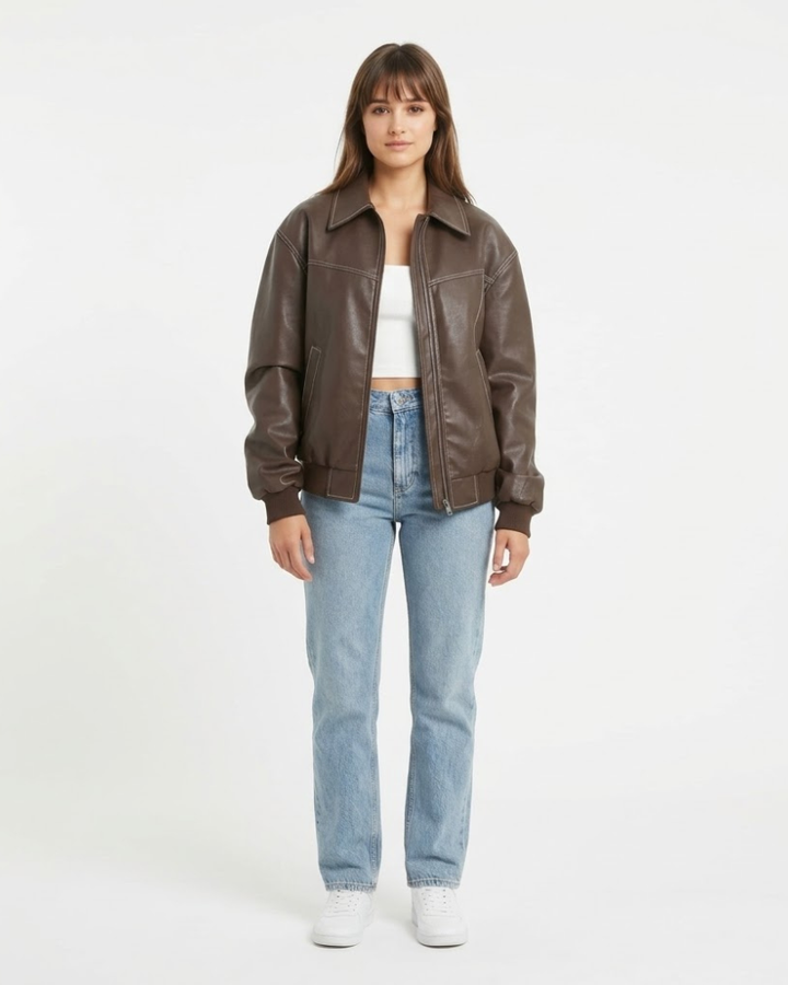 Chola Bomber pentru femei oversize din piele – Geacă retro cu fermoar, stil urban
